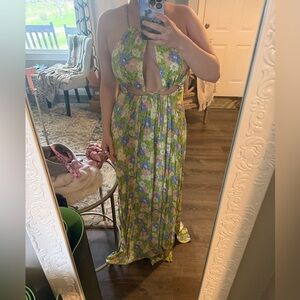 Forever 21 Green Floral Halter Maxi Dress with Blue & Pink Accents